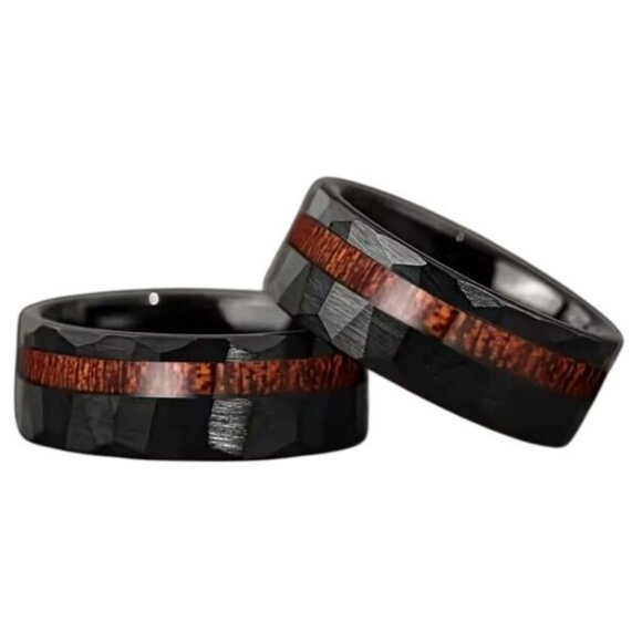 Hammered Tungsten Carbide Koa Wood Inlay Channel Wedding engagement ring - Picture 6 of 7